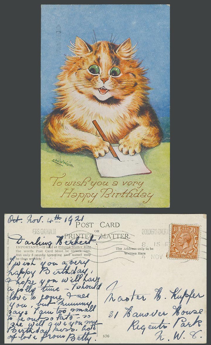 Louis Wain Artist Signed Cat To Wish You a Very Happy Birthday 1921 Old Postcard