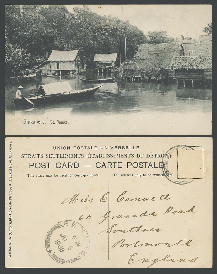 Singapore ST. JAMES 1908 Old Postcard Village Houses on Stilts Sampan Boat Canoe