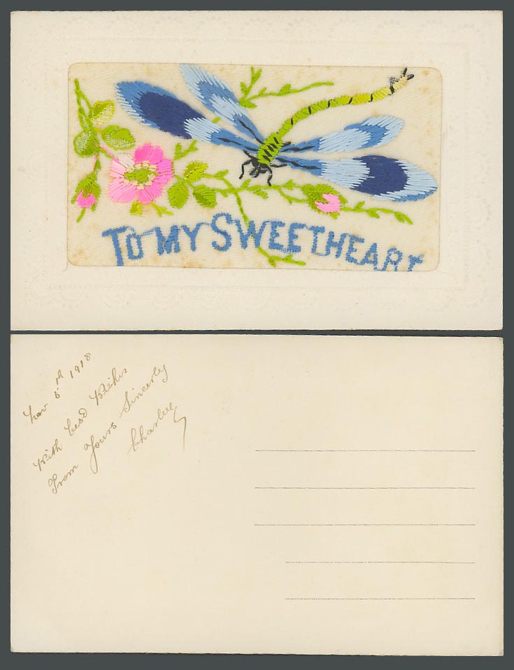 WW1 SILK Embroidered 1918 Old Postcard Dragonfly Flower To My Sweetheart Novelty