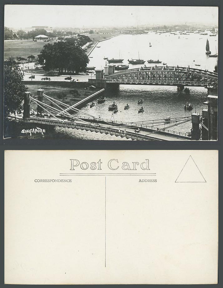 Singapore Old Real Photo Postcard Anderson Bridge Boats Street Scene Aerial View