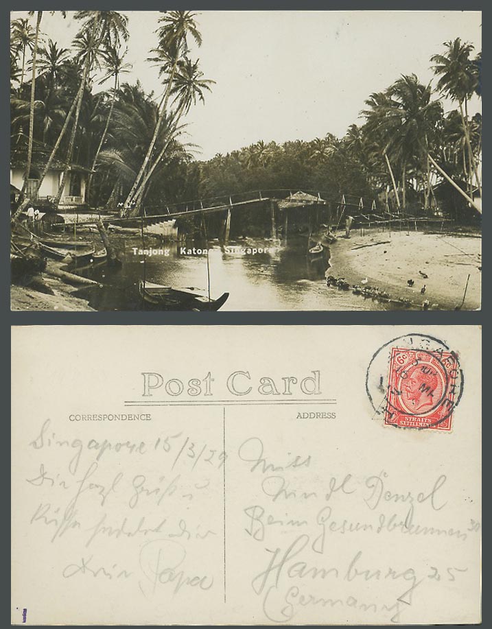 Singapore KG5 6c 1919 Old Real Photo Postcard Tanjong Katong, Bridge Boats Palms