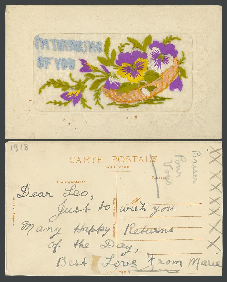 WW1 SILK Embroidered 1918 Old Postcard I'm Thinking of You Pansy Flowers Basket