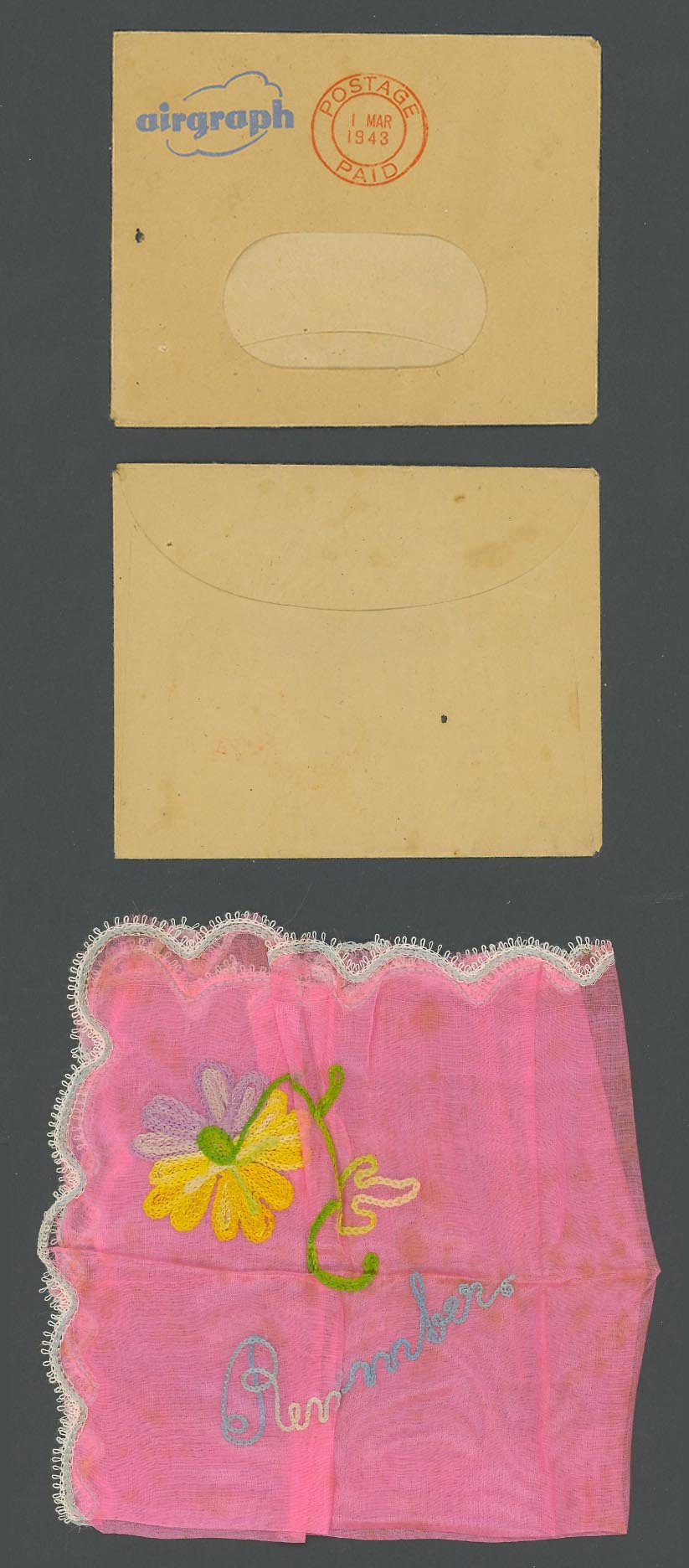 SILK Embroidered Handkerchief Flower & Remember 1943 Old airgraph Envelope Cover