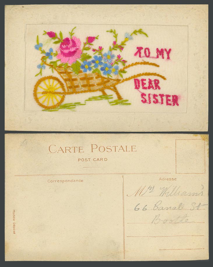 WW1 SILK Embroidered Old Postcard To My Dear Sister Flowers Flower Cart, Novelty
