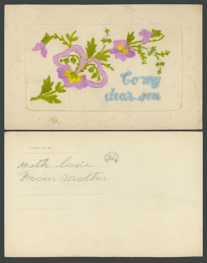 WW1 SILK Embroidered Old Postcard To My Dear Son Flowers Flower Ribbon Knot P.R.