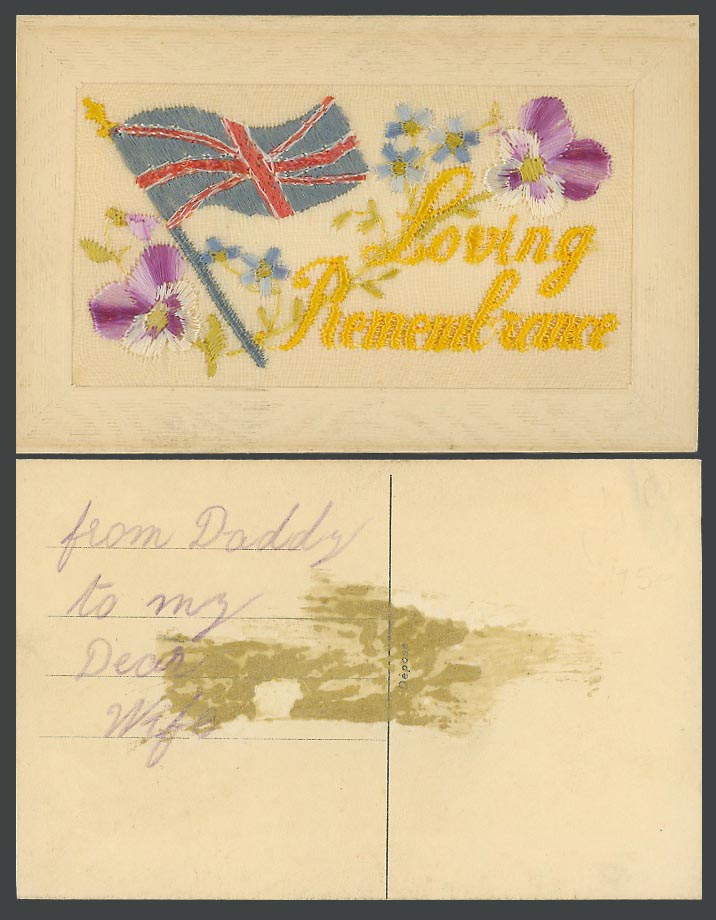 WW1 SILK Embroidered Old Postcard Loving Remembrance Pansy Flower & British Flag