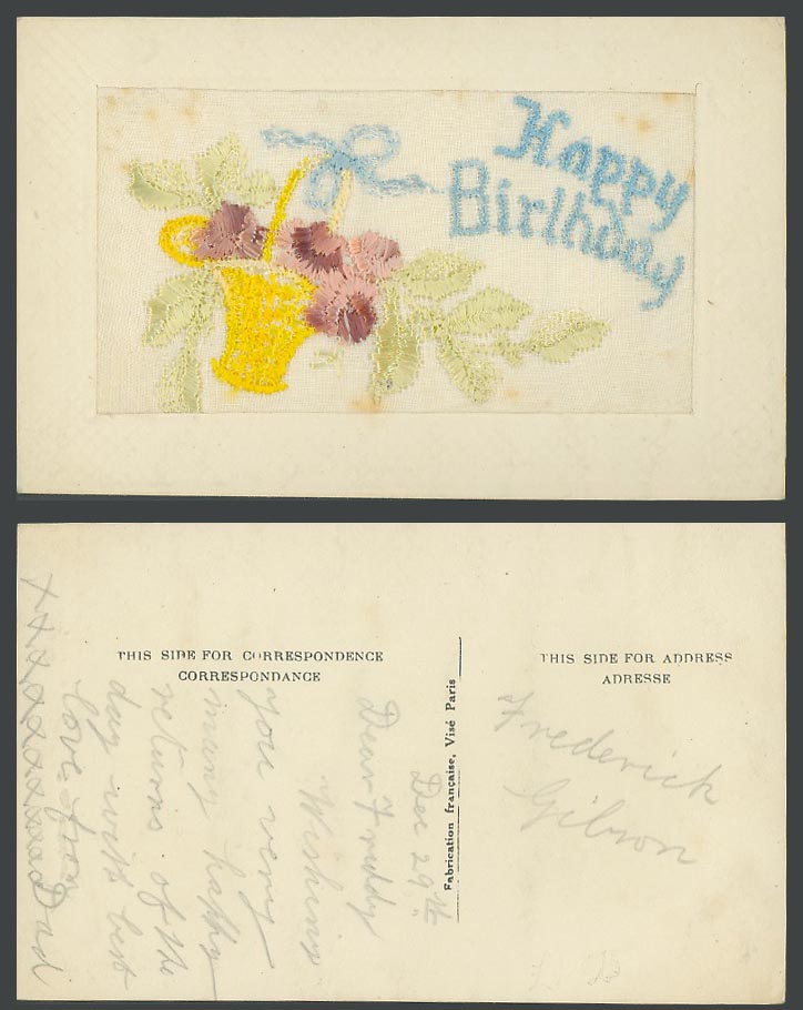 WW1 SILK Embroidered Old Postcard Happy Birthday, Flowers Flower Basket, Novelty