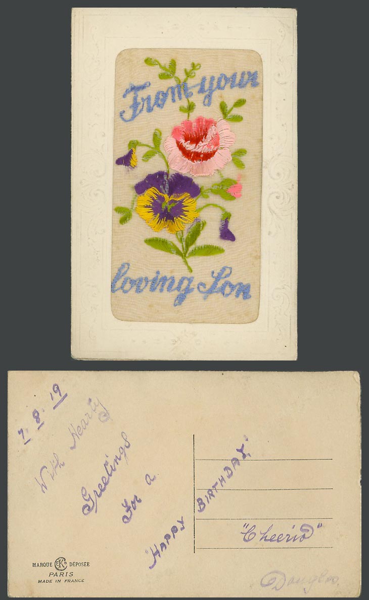 WW1 SILK Embroidered 1919 Old Postcard From Your Loving Son Flowers Novelty