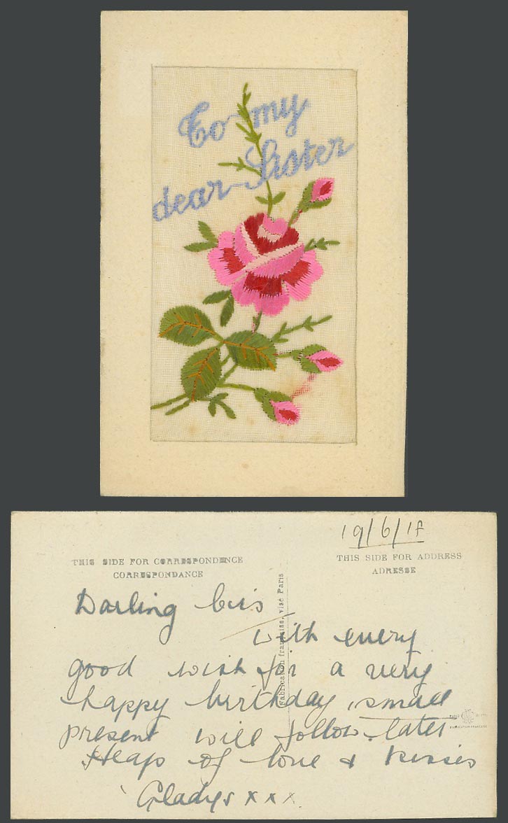 WW1 SILK Embroidered French 1918 Old Postcard To My Dear Sister, Flowers Novelty