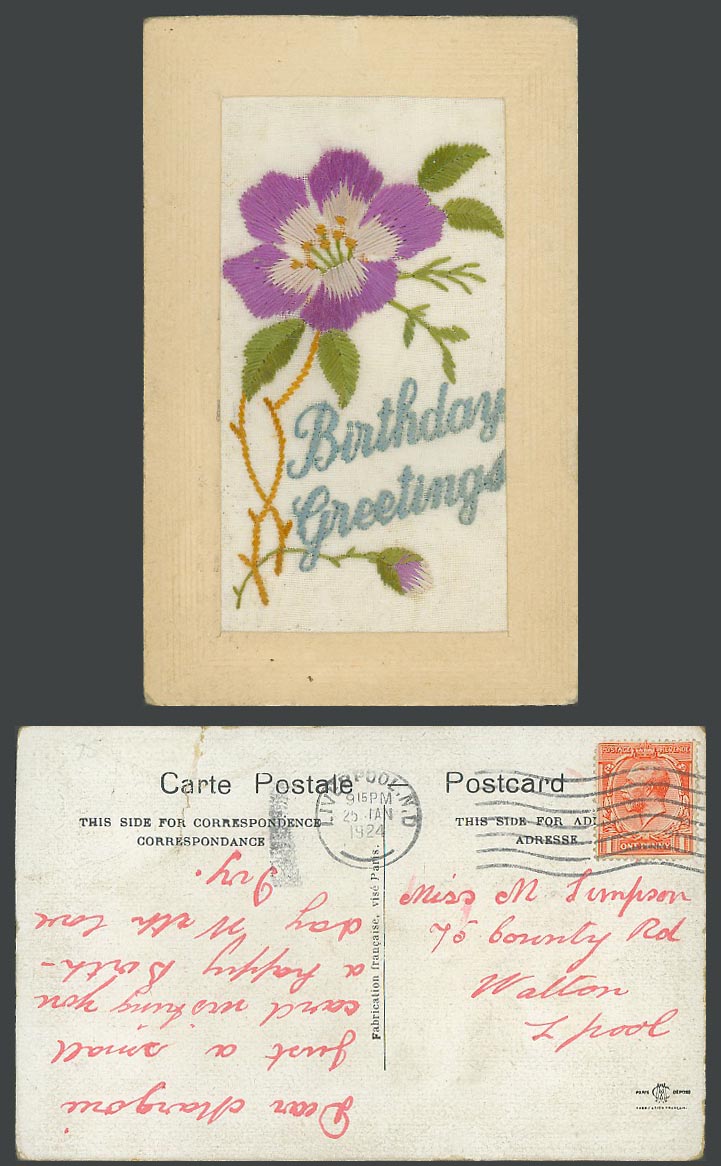 SILK Embroidered 1924 Old Postcard Birthday Greetings, Flowers Novelty Greetings