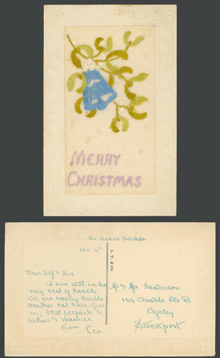 WW1 SILK Embroidered Old Postcard Merry Xmas, Bell, Mistletoe, On Active Service