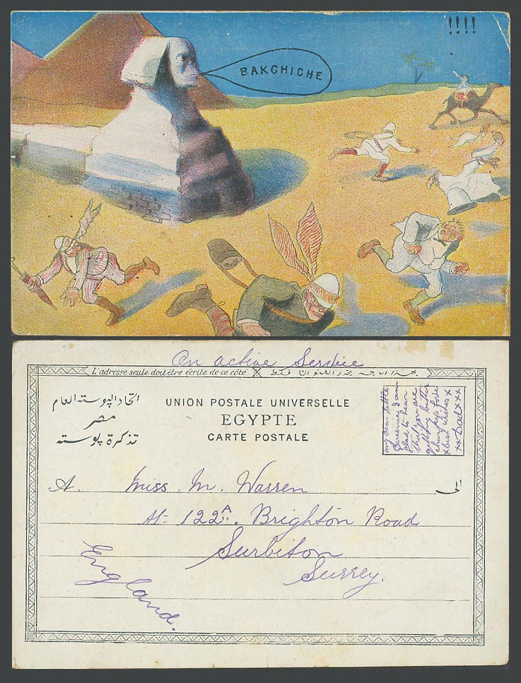 Egypt Comic On Active Service Old Postcard Sphinx Pyramids Soldier Bakchiche Tip