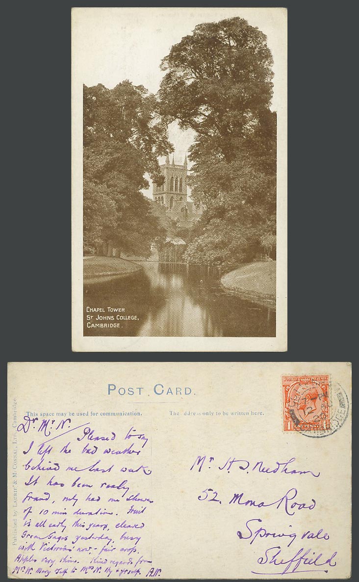 Cambridge Chapel Tower St. Johns College, River Cambridgeshire 1920 Old Postcard