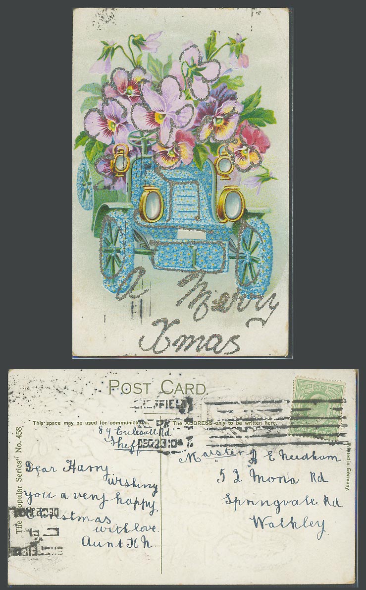 A Merry Christmas, Flowers Vintage Motor Car, Novelty Glitters 1904 Old Postcard