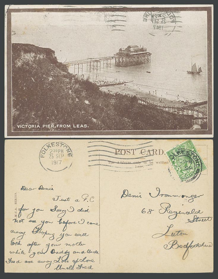 Folkestone Kent 1917 Old Postcard Victoria Pier from Leas, Beach, Sailing Boat