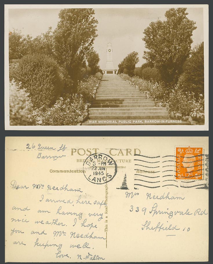Barrow-in-Furness 1945 Old Real Photo Postcard War Memorial Public Park, steps