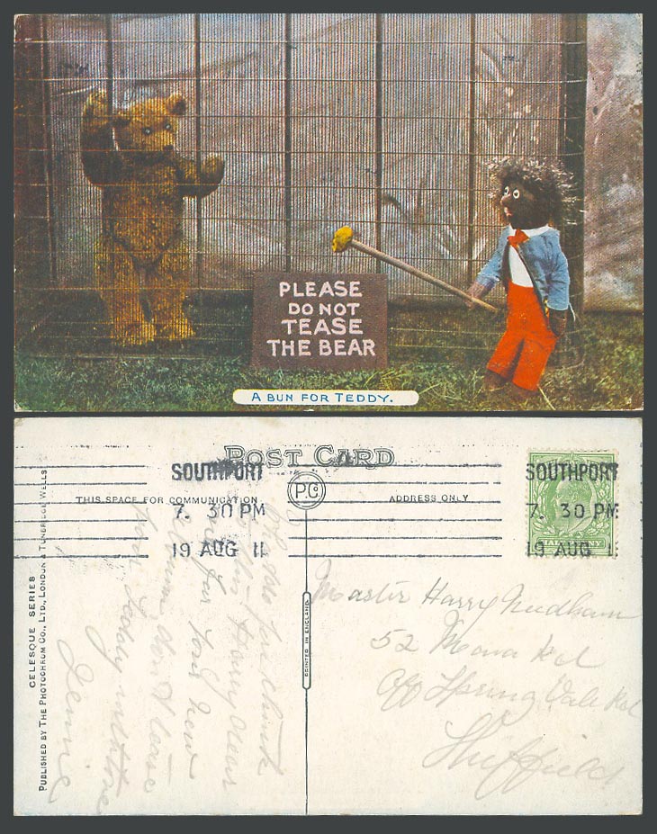 Teddy Bear & Doll Please Do Not Tease The Bear A Bun For Teddy 1911 Old Postcard