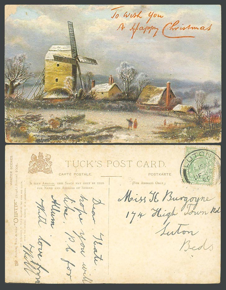Windmill Mill Art 1905 Old Tuck's Oilette Postcard To Wish You a Happy Christmas