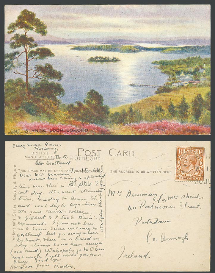 The Islands, Loch Lomond Lake 1921 Old Artist Drawn Postcard Pier Jetty Panorama