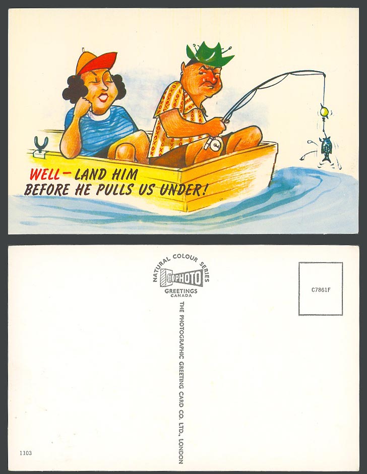 Fishing Comic Old Postcard Land Him Before He Pulls us Under Fish Fisherman Boat