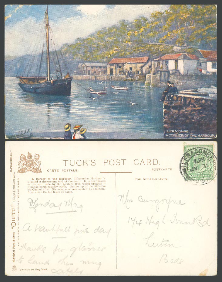 Ilfracombe, Corner of Harbour Boats, Devon 1905 Old Postcard Tuck's Oilette 7370