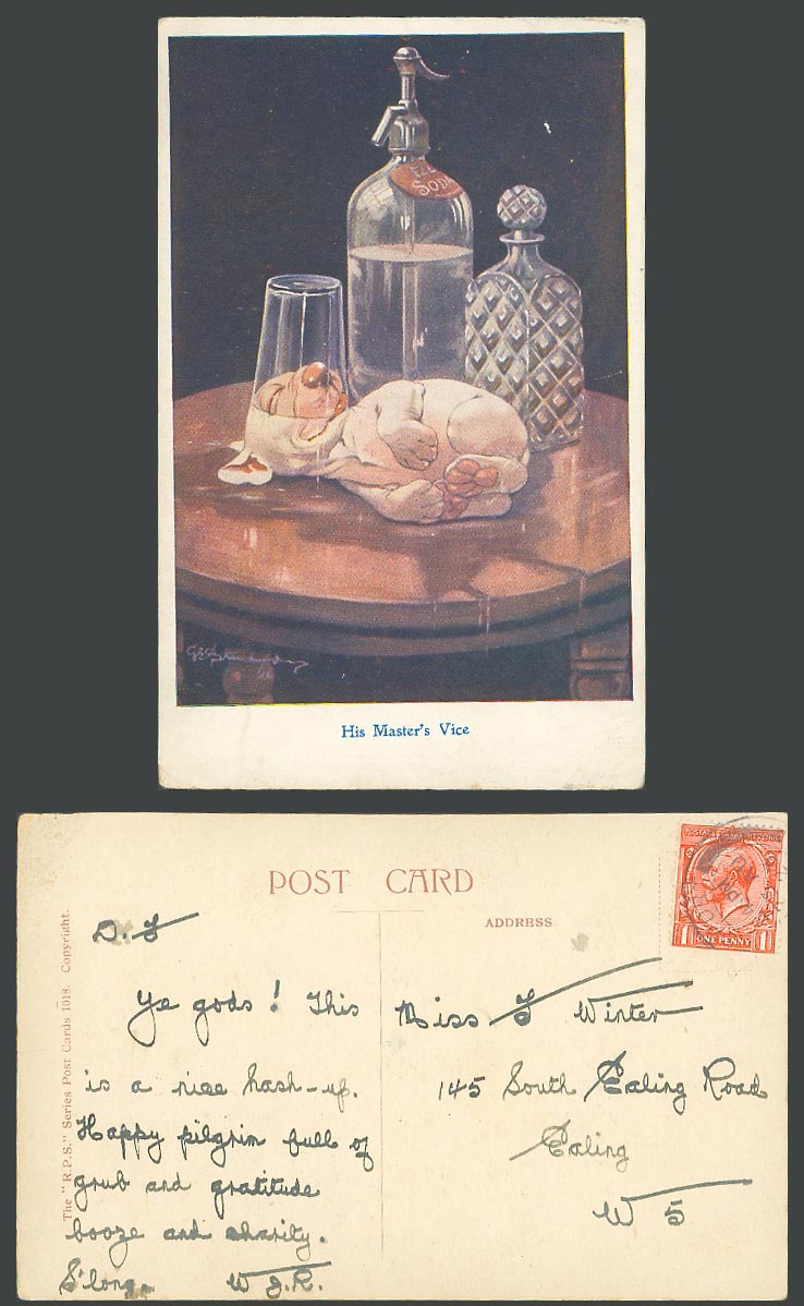 BONZO DOG GE Studdy 1923 Old Postcard His Master's Vice, Glass Soda Bottles 1018