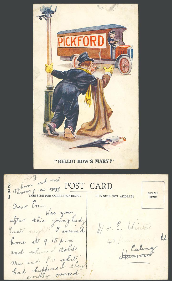 Drunk Man Comic Old Postcard Pickford Vintage Bus with Driver Hello! How's Mary?