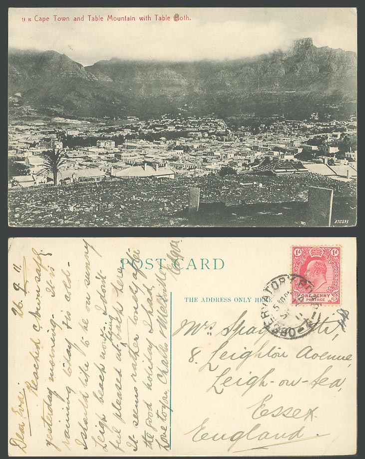 South Africa KE7 1d 1911 Old Postcard Cape Town, Table Mountain with Table Cloth
