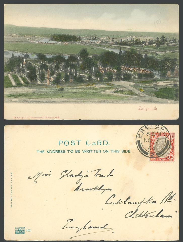 South Africa Transvaal KE7 1d 1904 Old UB Postcard Ladysmith, Cemetery, Panorama