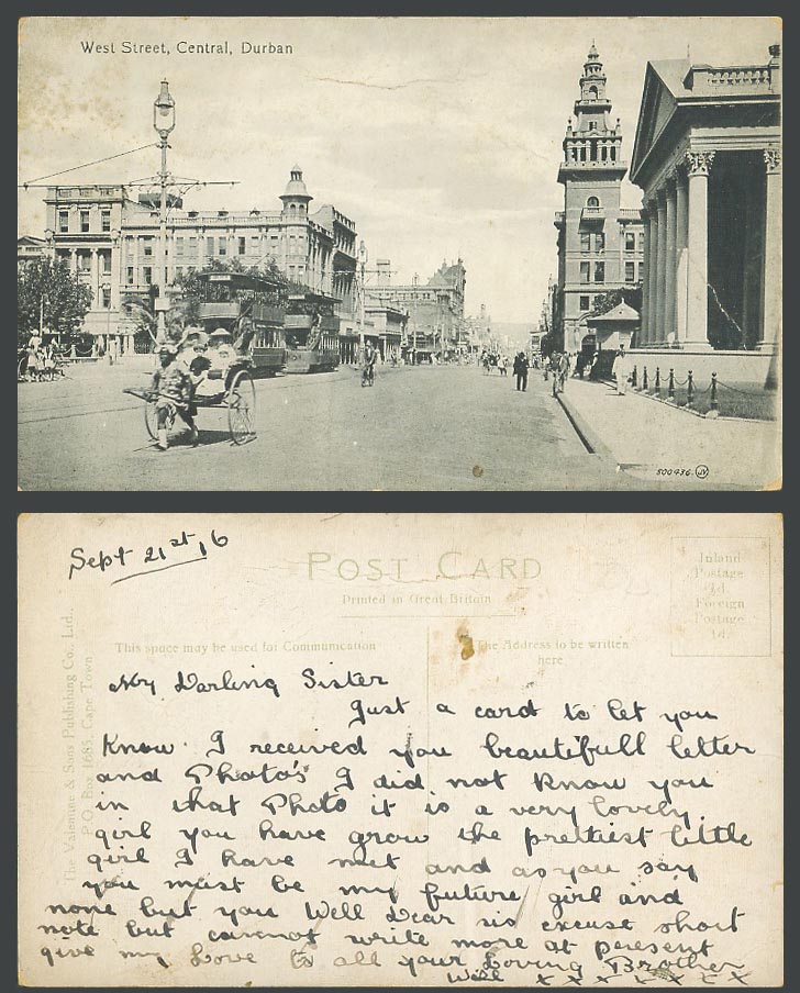 South Africa Durban 1916 Old Postcard West Street Central TRAM, Ricksha Boy Bike