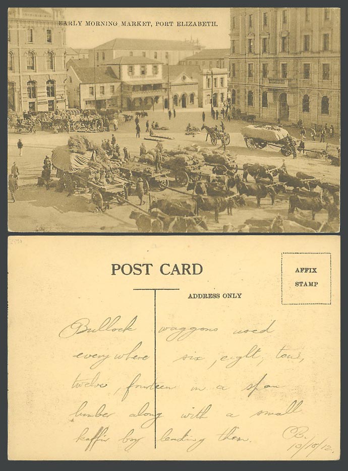 South Africa Port Elizabeth 1912 Old Postcard Early Morning Market, Street Scene