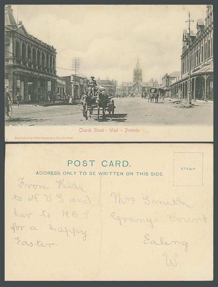 South Africa Old Postcard Pretoria Church Street Scene, West, Horse Carts, Tower