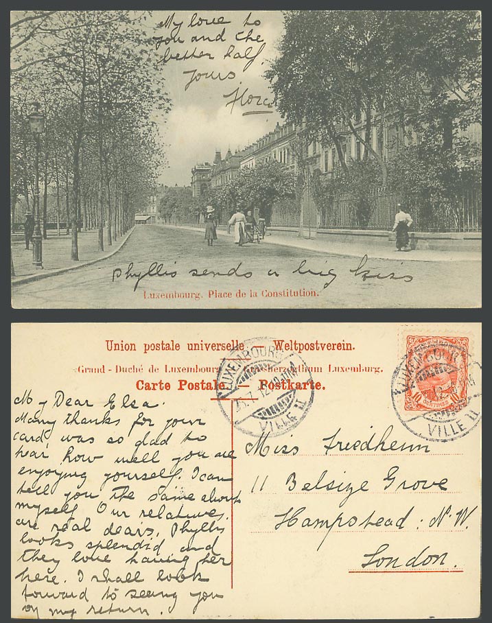 Luxembourg 10c 1912 Old Postcard Place de la Constitution Square, Street Scene