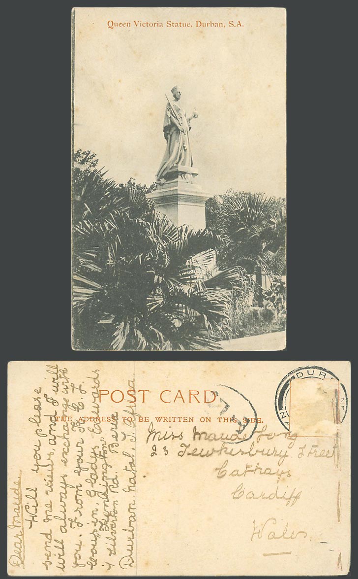 South Africa 1909 Old Postcard Durban, Queen Victoria Statue Monument Memorial