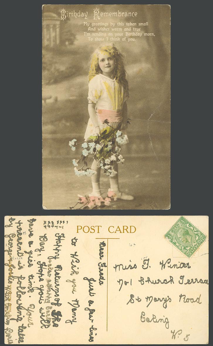Little Girl with Flowers Birthday Remembrance Warm Wishes Greetings Old Postcard