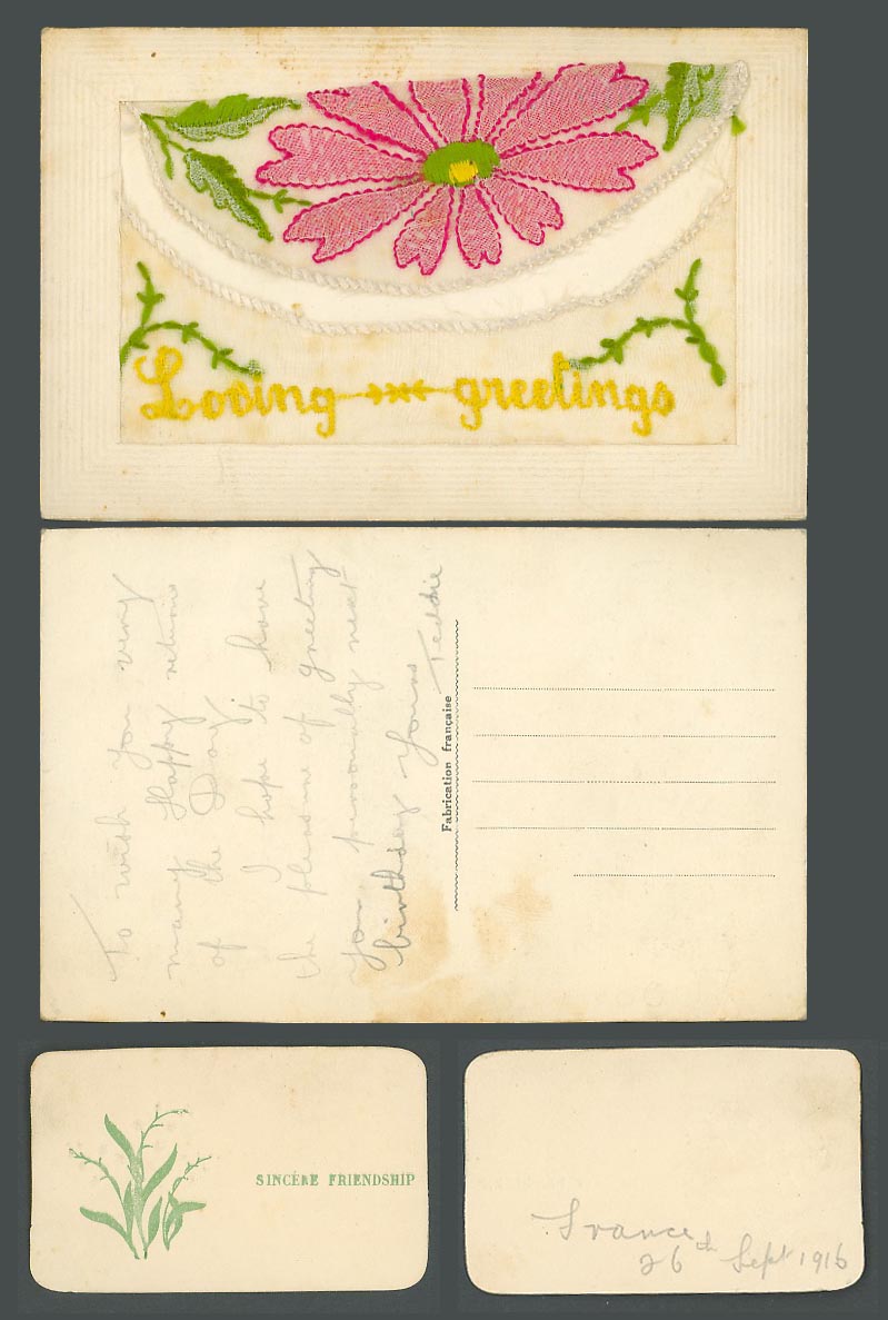 WW1 SILK Embroidered Old Postcard Loving Greetings, Sincere Friendship in Wallet