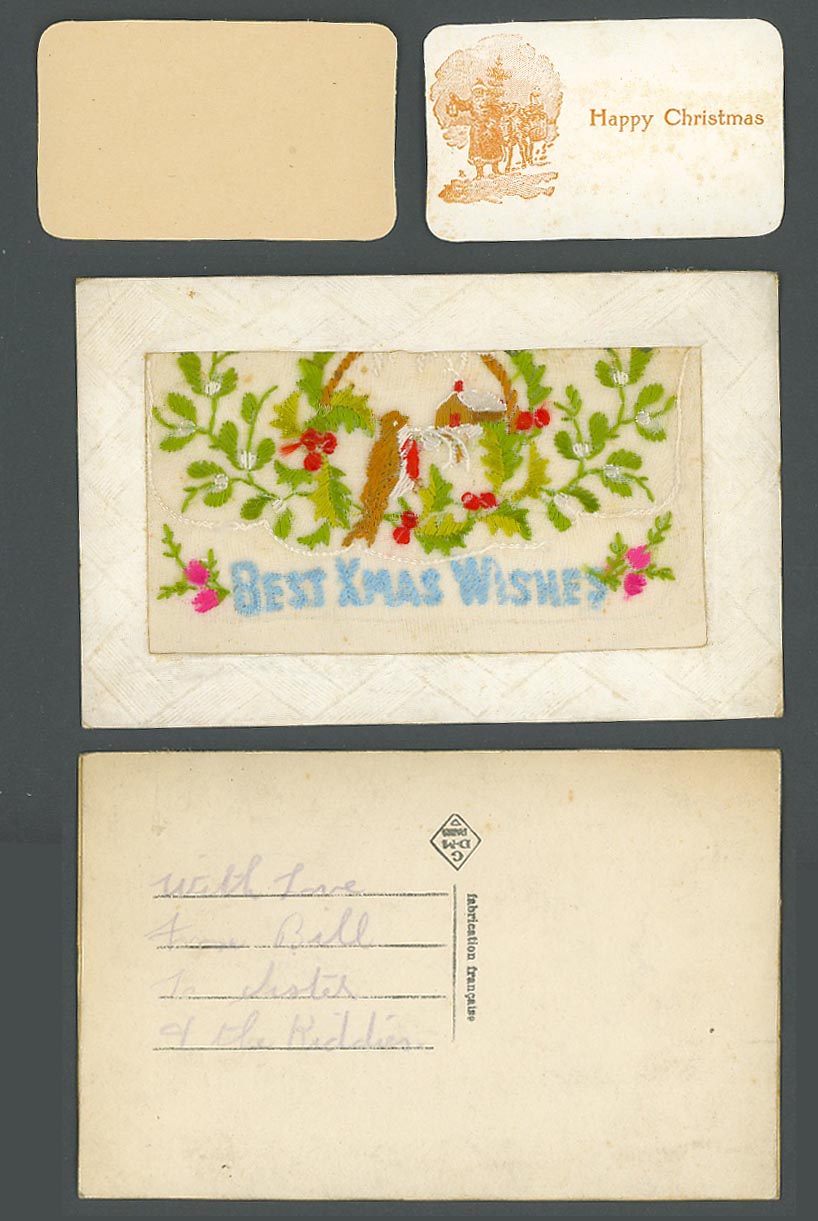 WW1 SILK Embroidered Old Postcard Best Xmas Wishes, Birds, Santa Claus in Wallet