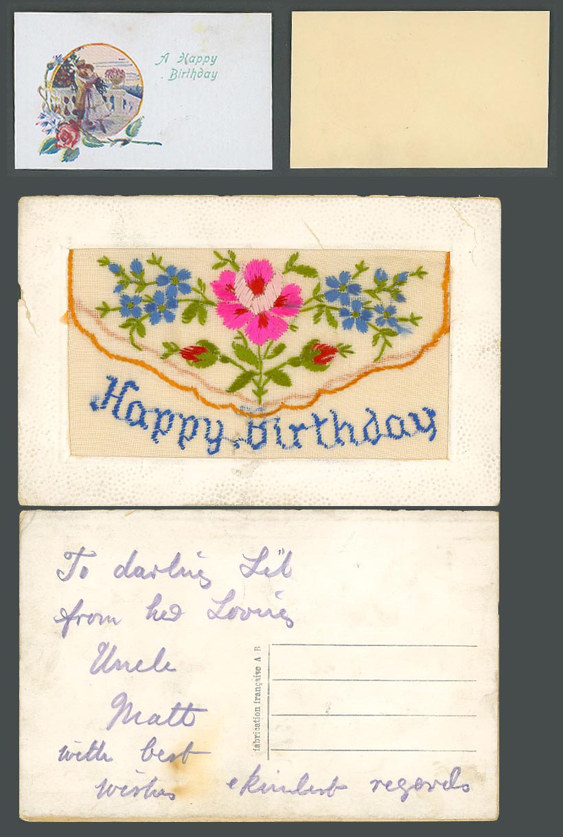 WW1 SILK Embroidered French Old Postcard Happy Birthday, Flowers, Card in Wallet