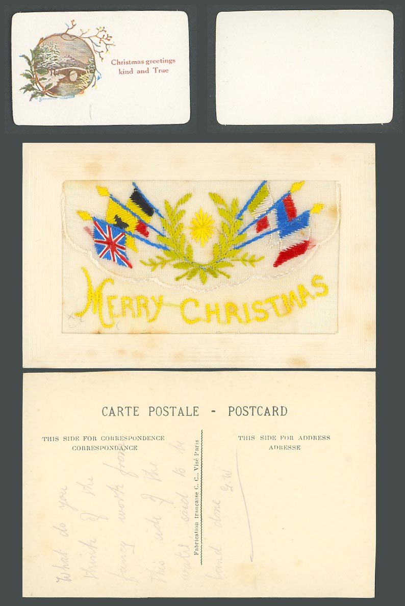 WW1 SILK Embroidered Old Postcard Merry Christmas Greetings Kind and True Wallet