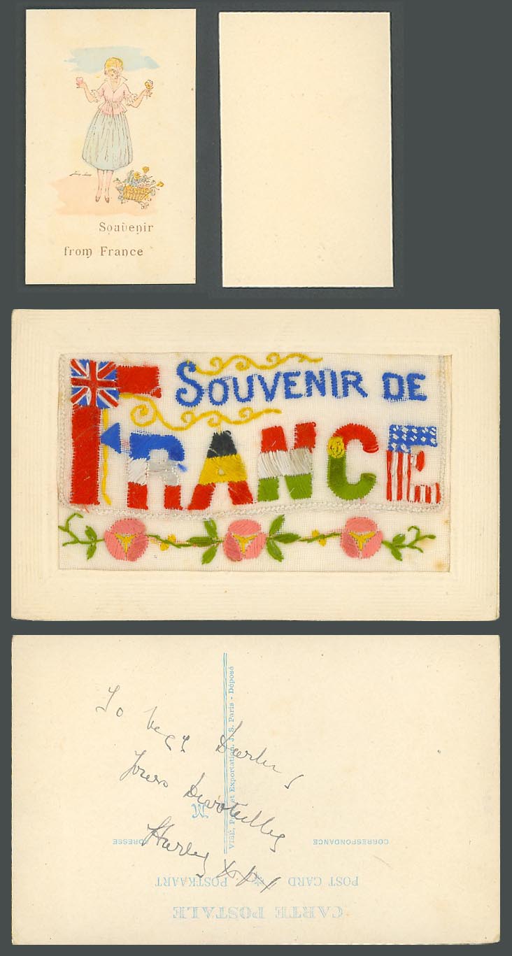 WW1 SILK Embroidered French Old Postcard Souvenir de France Small Card in Wallet