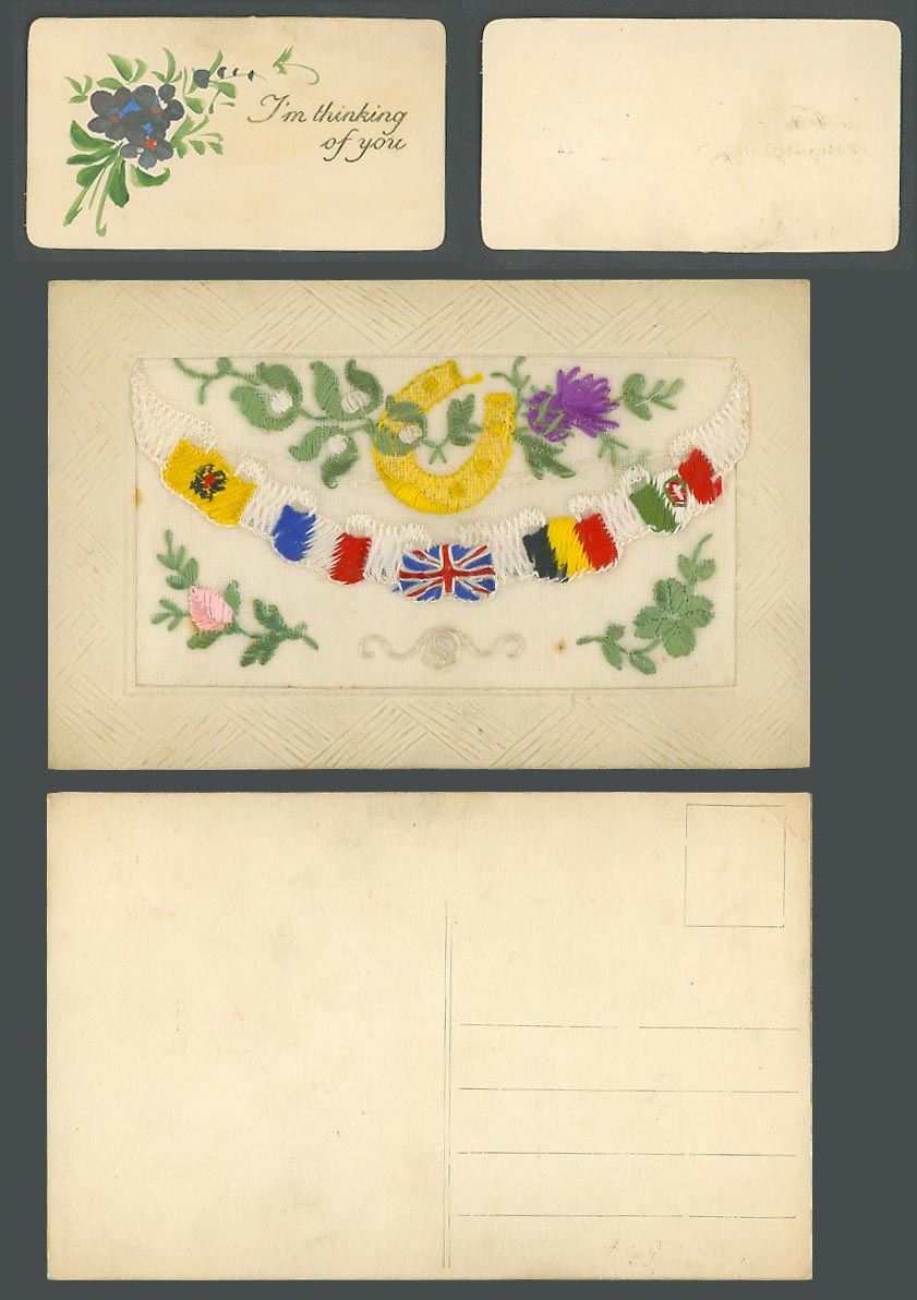 WW1 SILK Embroidered Old Postcard Horseshoe Flags, I'm Thinking of You in Wallet