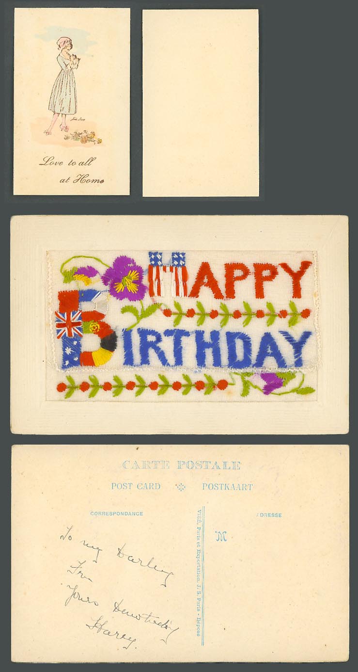 WW1 SILK Embroidered Old Postcard Happy Birthday Love to All at Home Card Wallet