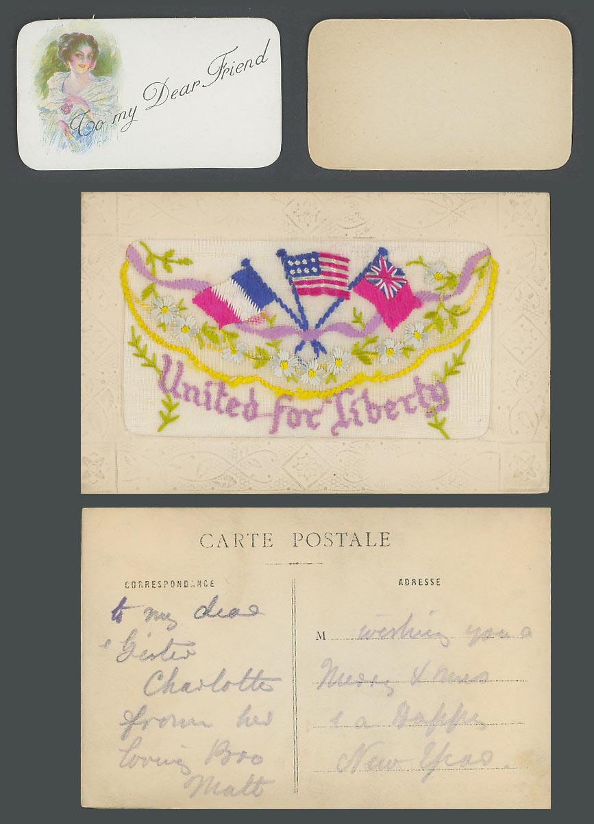 WW1 SILK Embroidered Old Postcard United for Liberty Flags To Dear Friend Wallet