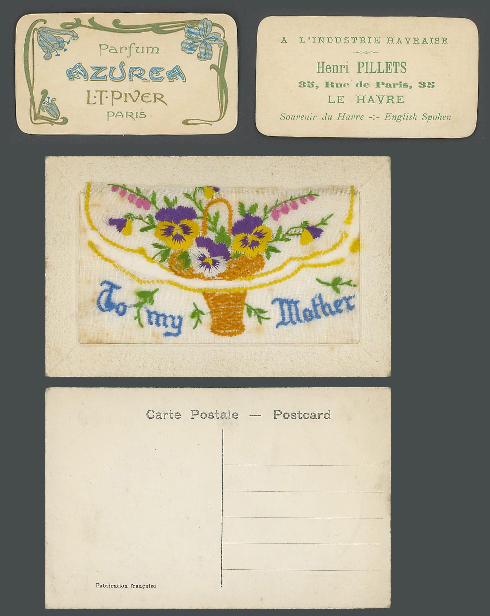 WW1 SILK Embroidered Old Postcard To My Mother, Parfum Azurea L.T. Piver, Paris