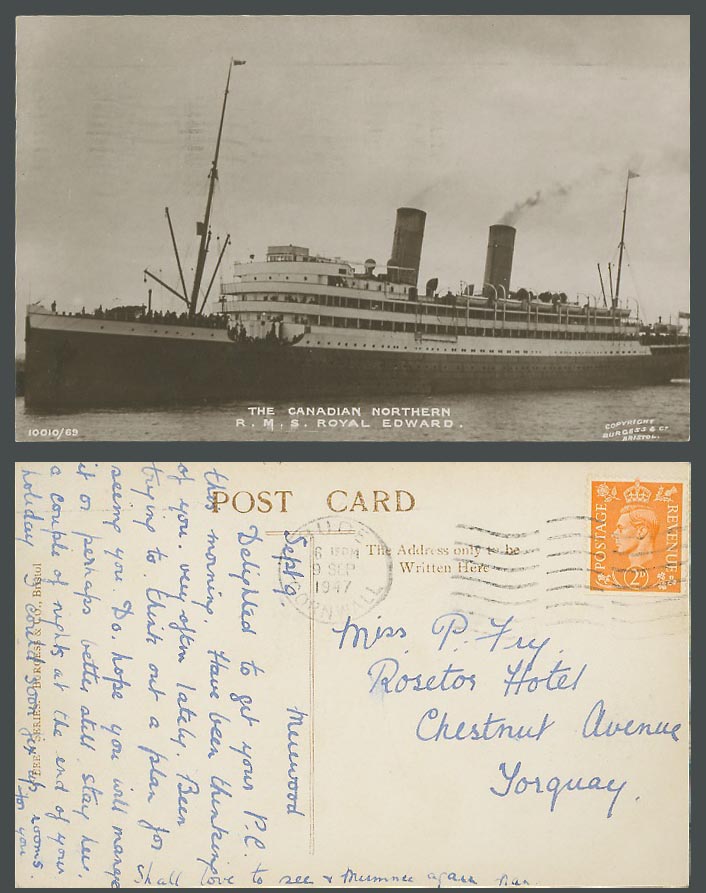 Canadian Northern R.M.S. Royal Edward, Mail Steamer 1947 Old Real Photo Postcard