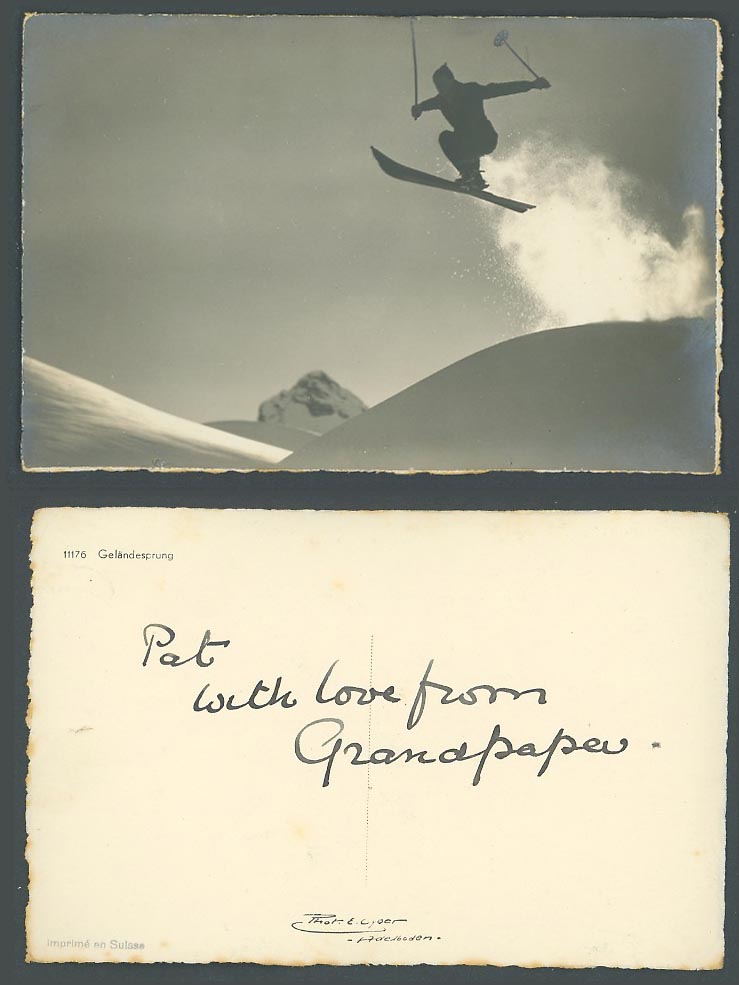 Ski Skier Skiing Terrain Jump Gelaendesprung Switzerland Old Real Photo Postcard