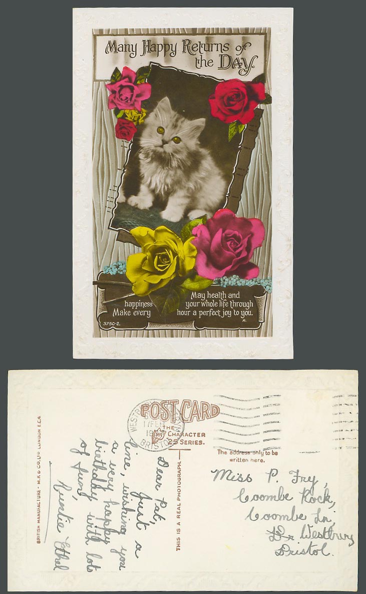 Cat Kitten Rose Flowers 1937 Old Embossed Postcard Many Happy Returns of the Day