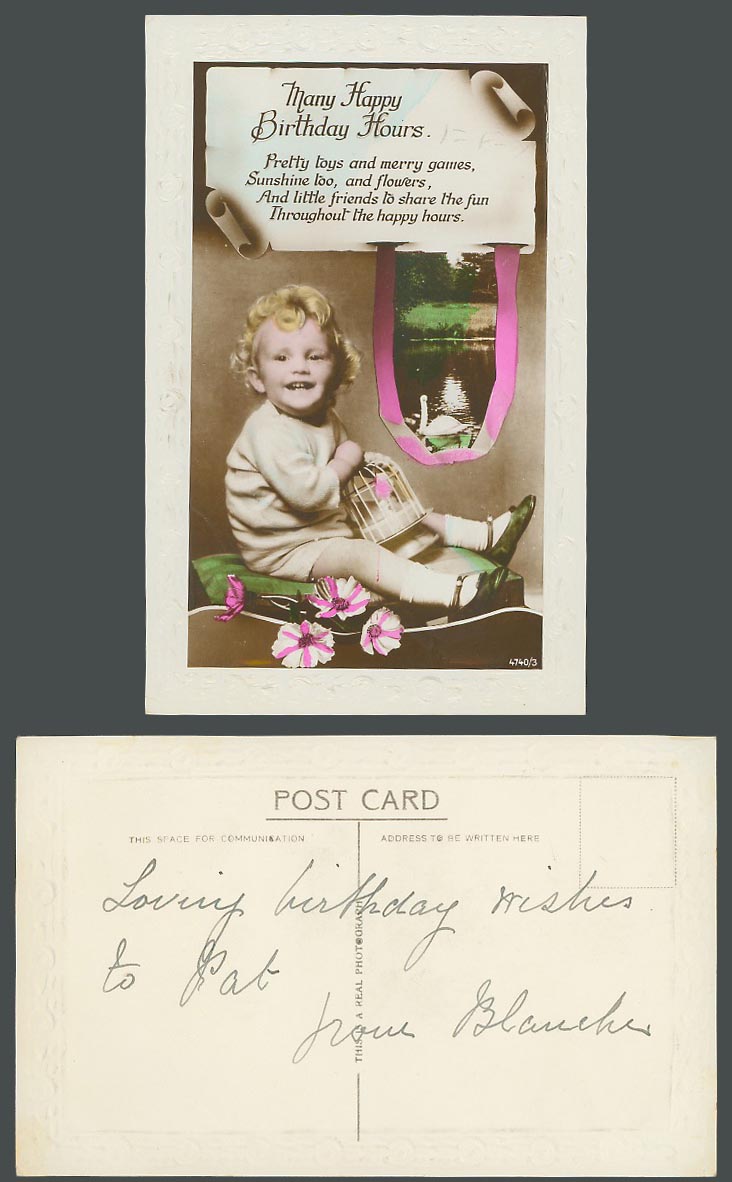 Little Girl with Birdcage Bird Cage, Swan Bird Happy Birthday Hours Old Postcard