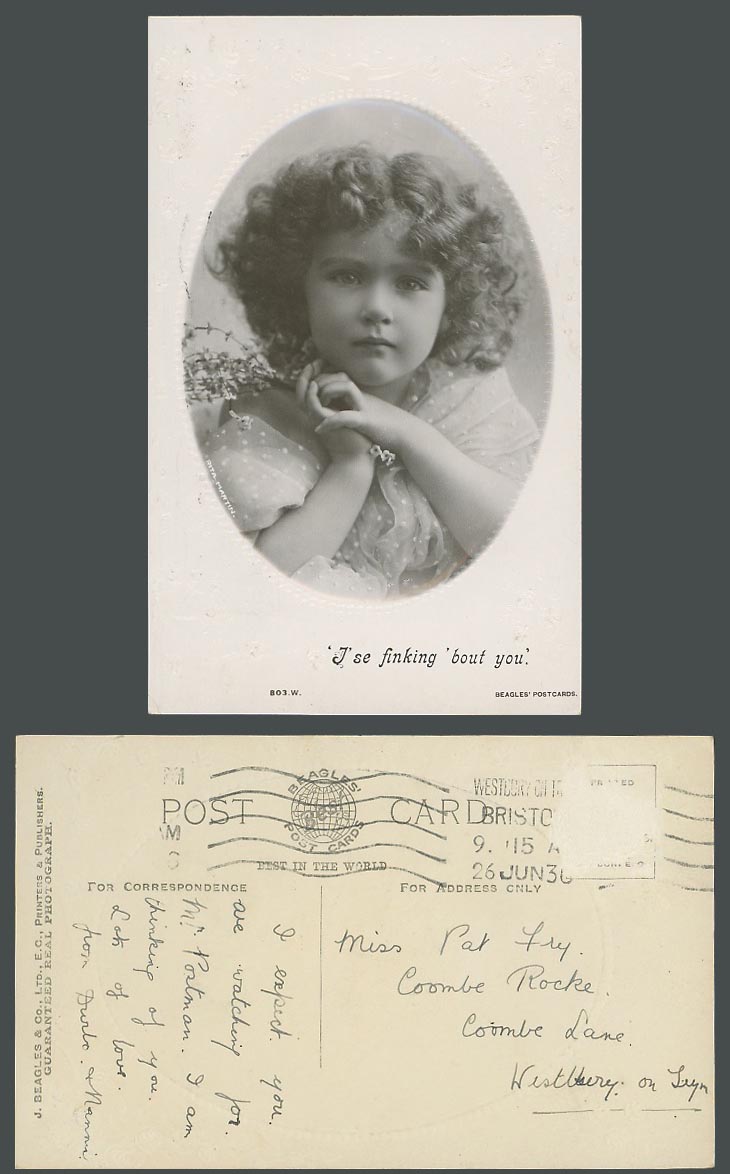 Little Girl Children I'se finking bout you 1930 Old Real Photo Postcard Embossed