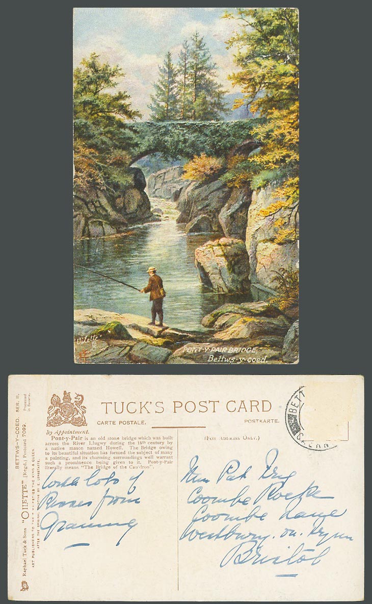Bettws-y-Coed Pont-y-Pair Bridge Old Tuck's Oile Postcard Angler Angling Fishing